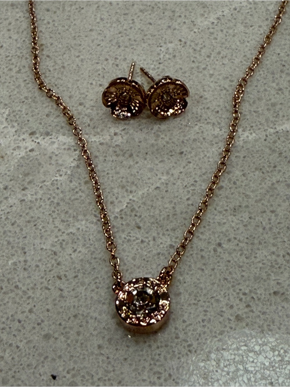 Coach Rose Gold Crystal Pendant Necklace and Stud Earring Set